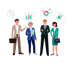 Business meeting. A group of people in business clothes.Teamwork to discuss new projects. Flat vector illustration