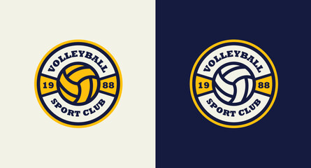 Volleyball Team Sport colorful vintage logo. Blue and yellow emblem. Retro ball Logo on light and dark blue background