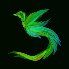 fairytale bird of paradise with elegant plumage flying flapping wings green color	