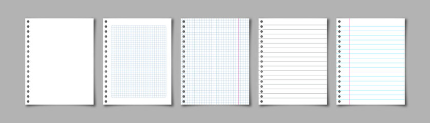 Realistic sheets of paper from exercise book. Squared and lined blank pages. Vector Illustration. - obrazy, fototapety, plakaty