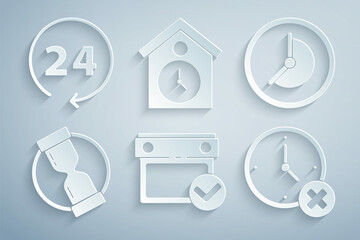 Set Calendar with check mark, Clock, Old hourglass, delete, Retro wall watch and 24 hours icon. Vector