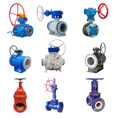 nine manually operated valves of various designs for a gas pipeline on a white background - 487429391
