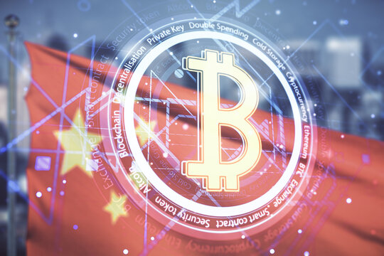 Virtual Bitcoin hologram on flag of China and blurry cityscape background. Multiexposure