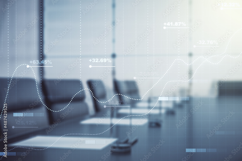Poster multi exposure of stats data illustration on a modern conference room background, computing and anal