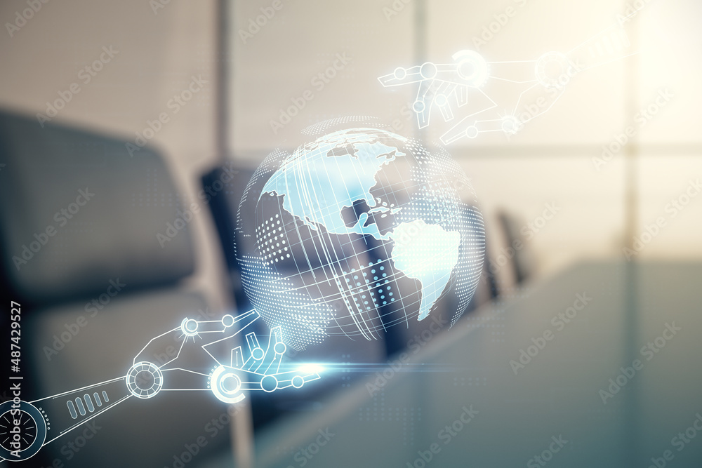 Aufkleber abstract virtual robotics technology hologram with globe on a modern coworking room background, arti