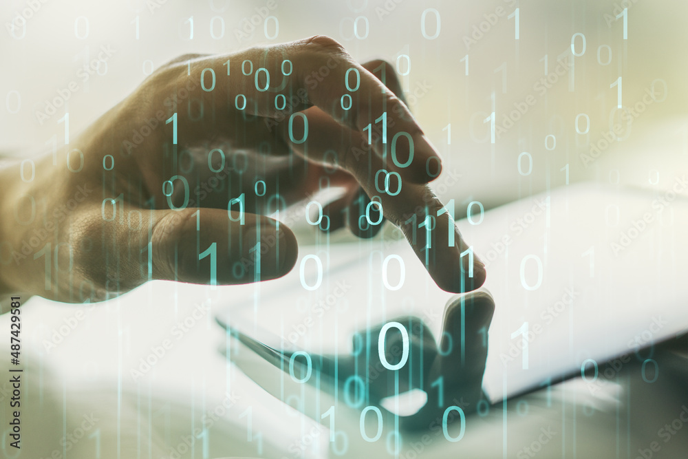 Aufkleber creative abstract binary code hologram and finger presses on a digital tablet on background, ai and 