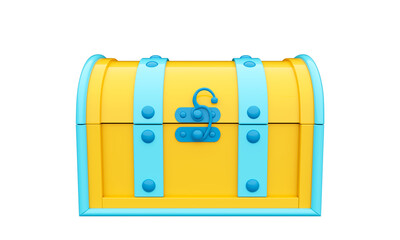 Cartoon chest toy in bright saturated colors of yellow and blue with closed lid. Isolated on white background. 3D rendering. 3d illustration