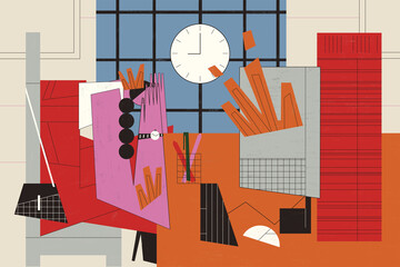 Burnout syndrome. Young woman affected by burnout and anxiety at home working office. Telecommuting and working home concept illustration.