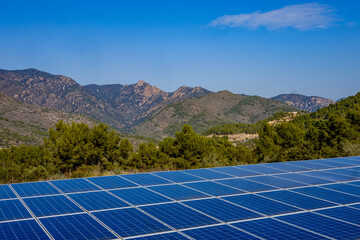 Solar panels in the forest with mountains in the background Solar panels in the forest with...