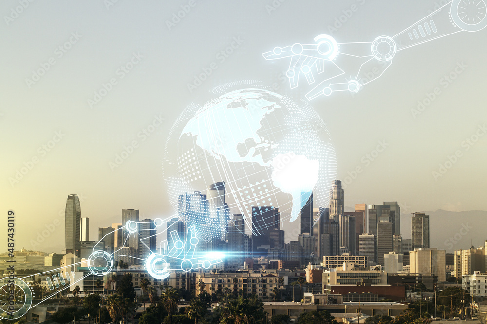 Aufkleber abstract virtual robotics technology hologram with globe on los angeles cityscape background, artifi