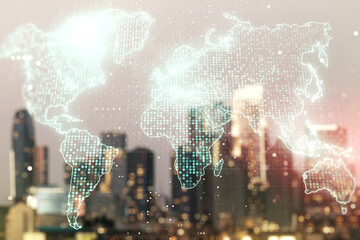 Multi exposure of abstract graphic world map on blurry skyscrapers background, big data and networking concept