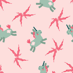 Doodle seamless pattern with unicorns and leaves. Perfect for T-shirt, textile and print. Hand drawn vector illustration for decor and design.