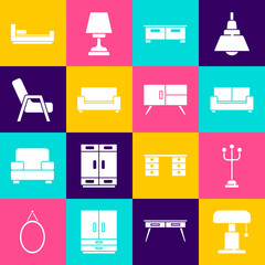 Set Table lamp, Coat stand, Sofa, Chest drawers, Armchair, Bed and icon. Vector