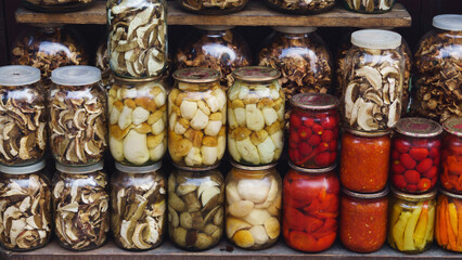 Home Vegetables Food Preserves in Storage Shelves.