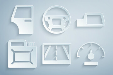 Set Gps device with map, Car mirror, Canister for motor oil, Speedometer, Steering wheel and door icon. Vector