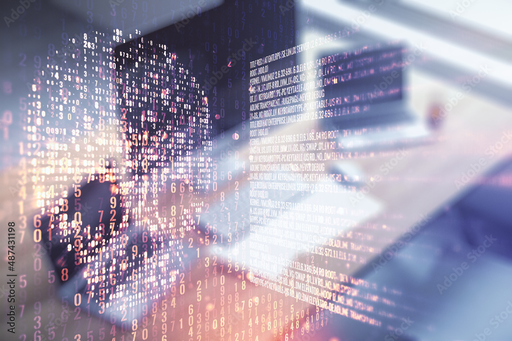 Poster creative code skull hologram and modern desktop with pc on background, cybercrime and hacking concep
