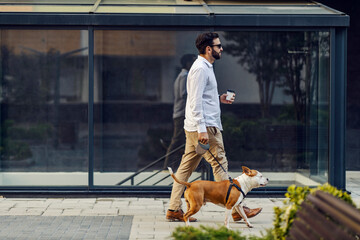 A businessman on a lunch break with his dog.
