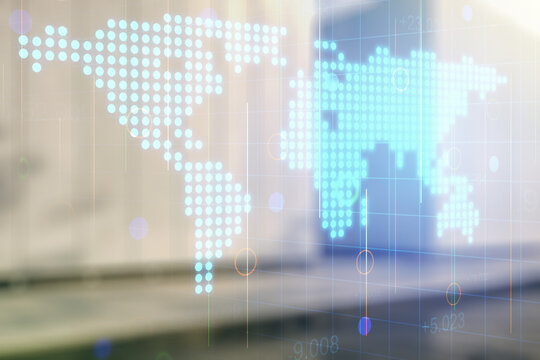 Abstract creative digital world map on blurry contemporary office building background, globalization concept. Multiexposure