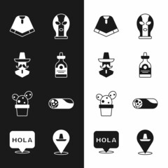 Set Tequila bottle, Mexican man sombrero, Poncho, wrestler, Cactus or succulent in pot, Burrito, and Hola icon. Vector © vector_v