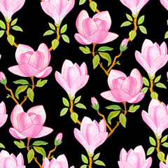 Magnolia flowers seamless watercolor pattern. 
