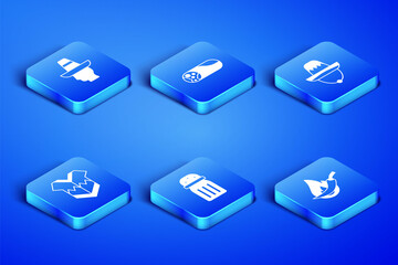 Set Hot chili pepper pod, Mexican man sombrero, Salt, Poncho, Burrito and icon. Vector