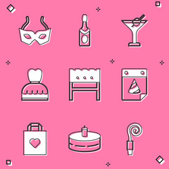 Set Festive mask, Champagne bottle, Martini glass, Woman dress, BBQ brazier, Calendar party, Shopping bag with heart and Cake burning candles icon. Vector