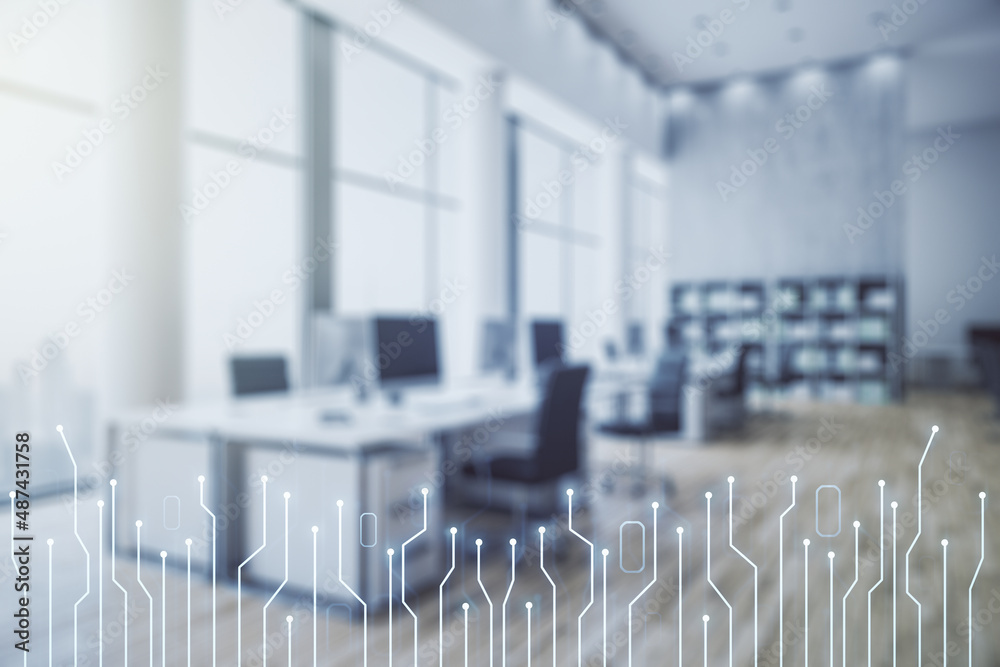 Poster abstract virtual micro chip hologram on a modern furnished classroom background, artificial intellig