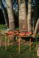 welcome buffet with alcohol and snacks