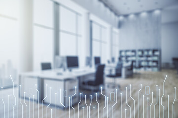 Abstract virtual micro chip hologram on a modern furnished classroom background, artificial intelligence and machine learning concept. Multi exposure