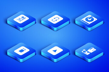 Set Cinema camera, Audio jack, Play button, video, Repeat and Vinyl player with vinyl disk icon. Vector