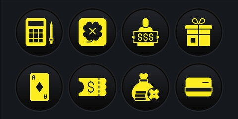 Set Playing card with diamonds, Gift box, Lottery ticket, Money bag, Winner holding prize, Casino slot machine, Credit and Bingo icon. Vector