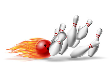 Red burning Bowling Ball in Flames crashing into the pins isolated on white. Illustration of bowling strike.