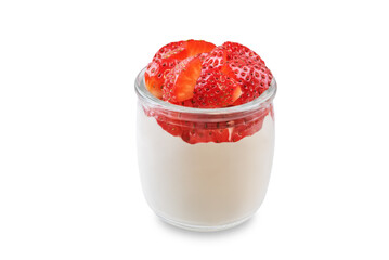 Greek yogurt with strawberries in a glass on a white isolated background