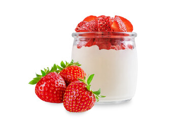 Greek yogurt with strawberries in a glass on a white isolated background