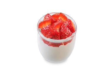 Greek yogurt with strawberries in a glass on a white isolated background