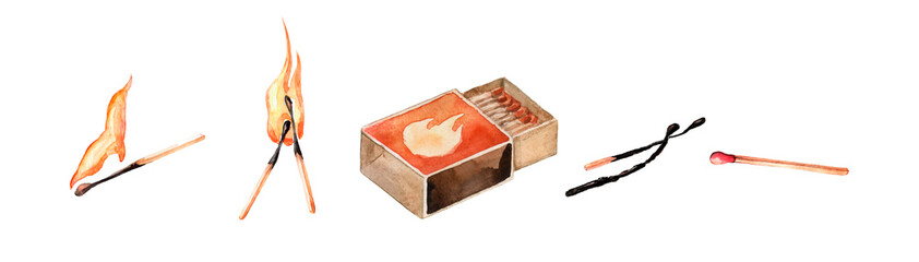 Watercolor Matches. Large matches for barbecue, grill. Isolated matches on white background Set of matches in a box on a white background isolated