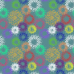 Seamless bright multicolored pattern. Small flowers, mandalas on a gray background. Cute female ornament, elegant style. Design of background, template, fabric, textile, wallpaper, packaging.
