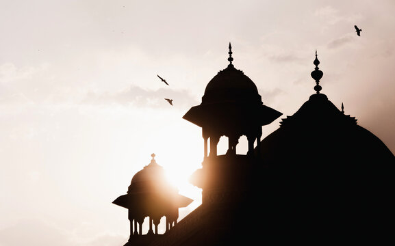 Taj Mahal dome, Agra city, India, March 2019. Sunrise time, birds are flying around the Taj Mahal's dome, silhouette building, dome, beautiful dome view.