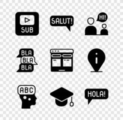 Set Video with subtitles, Salut in different languages, Two sitting men talking, Learning foreign, Graduation cap, Hola, Speech bubble chat and Online translator icon. Vector © vector_v