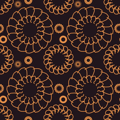 Seamless geometric pattern of mandalas, circles. Orange ornament on a black background, hand-drawn. Retro style. Design of the background, interior, wallpaper, textiles, fabric, packaging.