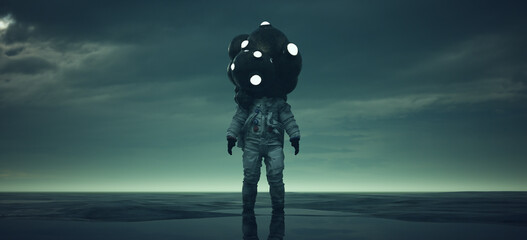 Alien Mind Control Astronaut Body Snatcher Post Apocalyptic Paranormal Extra-Terrestrial Sci-Fi Monster Dusk 3d illustration render