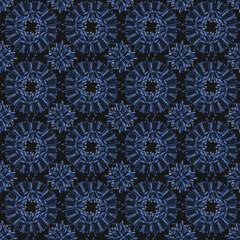 Geometric pattern of blue small circles,mandals, flowers on a black background. Textile design, template, background, wallpaper, packaging, textiles, ornament.
