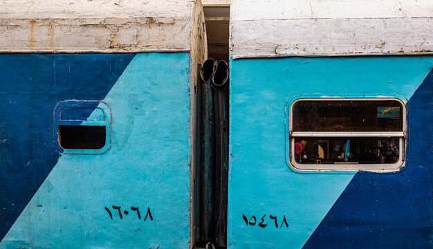 Cairo, Egypt, March 2019. Local Train Wagon, Close Up. Turquois And Blue Old Wagon, Public Transport.