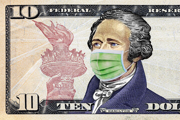 Alexander Hamilton from 10 dollar banknote with surgical mask