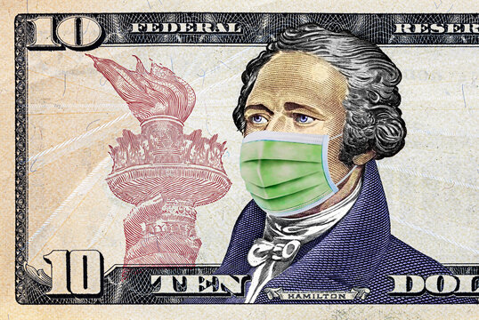 Alexander Hamilton From 10 Dollar Banknote With Surgical Mask