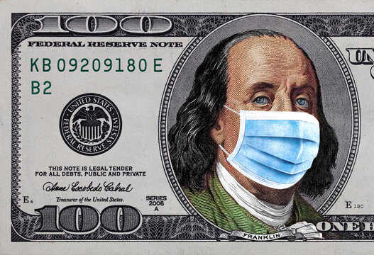 Benjamin Franklin With Surgical Mask On Old Colorized 100 Dollar Banknote