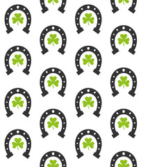 Vector seamless pattern of flat horse shoe with trefoil isolated on white background