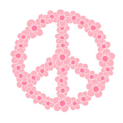 Vector hand drawn doodle sketch pink peace sign with flowers isolated on white background