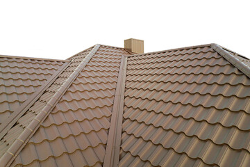 Detail of house roof structure covered with brown metal tile sheets