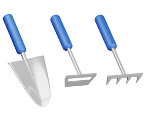 Garden tools. 3D render, isolate. Nice picture of the instrument. Land work. Work in the garden. Illustration in cartoon style. Gardening at home. Plant care.
